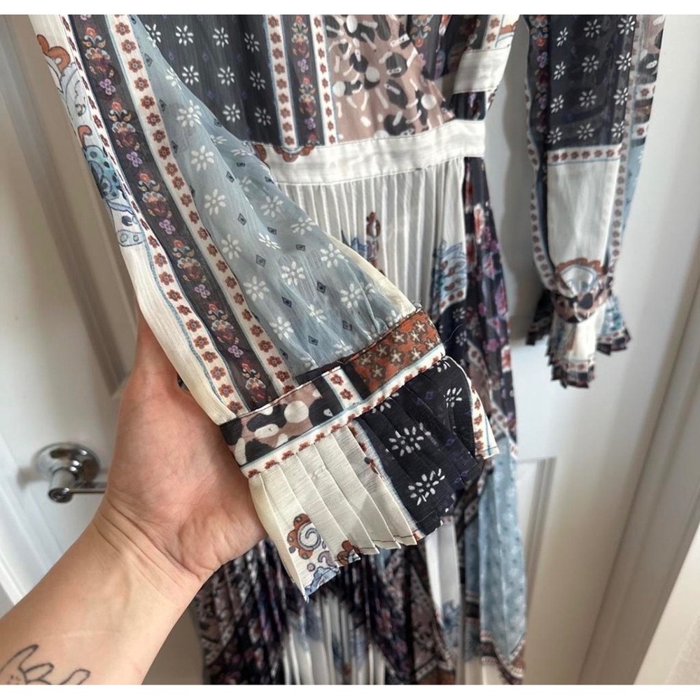 H&M Mismatched Patchwork Pleated Maxi Dress Blue White Paisley Floral Wrap 12 - Picture 6 of 11